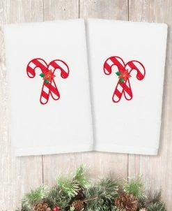 Linum Home Christmas Candy Canes Embroidered 100% Turkish Cotton Hand Towels