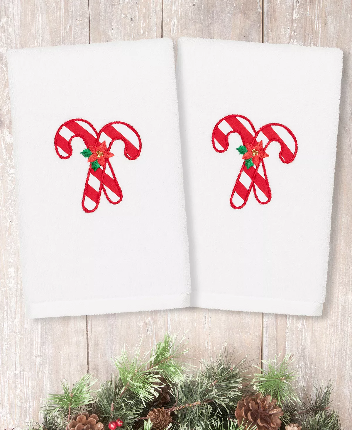 Linum Home Christmas Candy Canes Embroidered 100% Turkish Cotton Hand Towels - Image 2